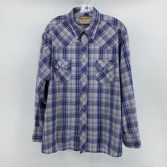 Wrangler Other - Wrangler Men Western Fashion Snap Shirt Blue Purple Plaid Pearl Snap Long Sleeve